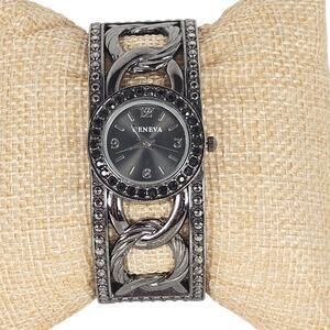 Women's Bangle Cuff Watch Gunmetal Chain Link Design  Face Black Dial Geneva